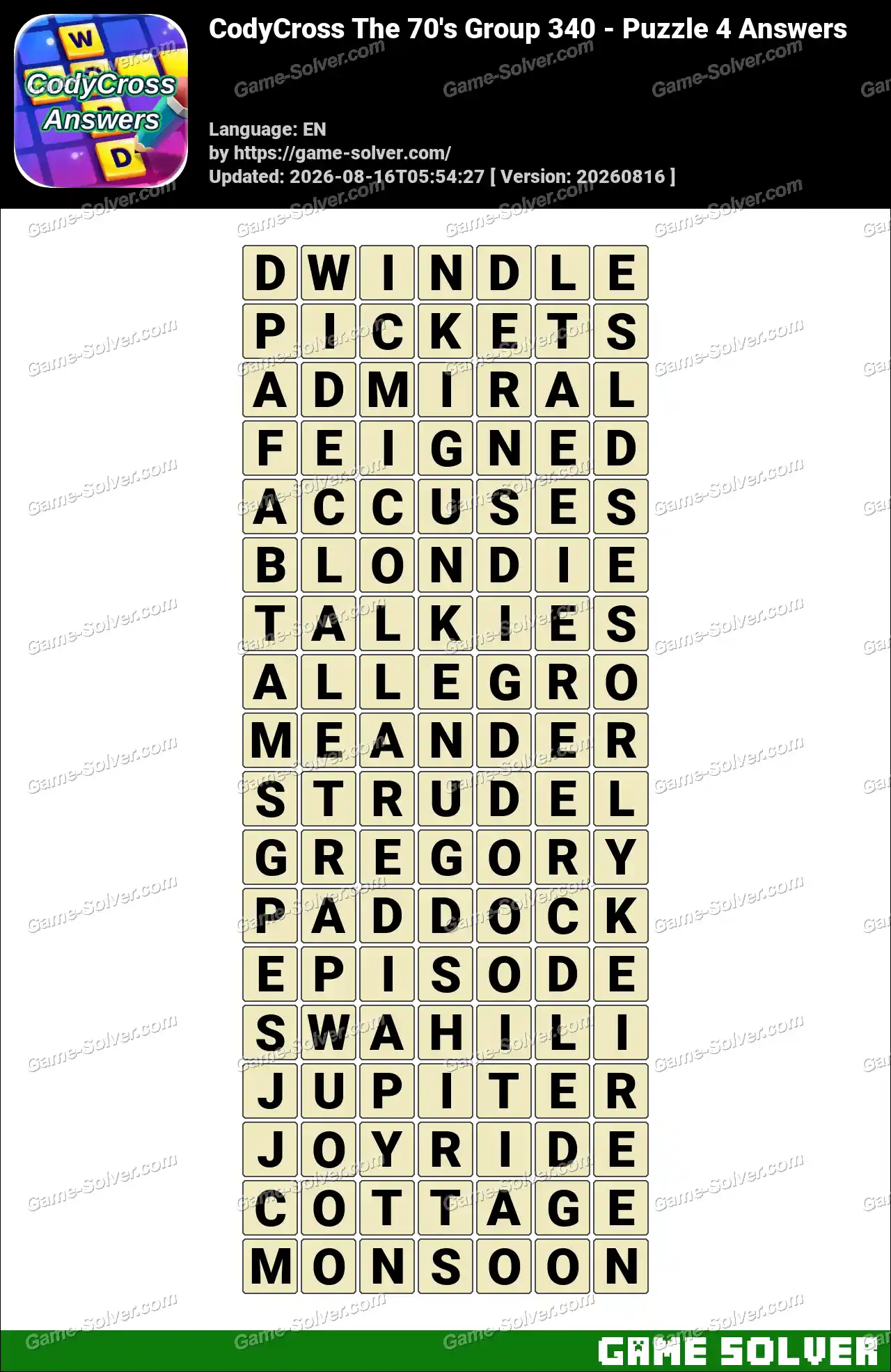 CodyCross The 70’s Group 340 – Puzzle 4 Answers